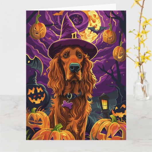 Spooky Ierse Rode Setter Halloween Witch Pumpkin Kaart (Gele Bloem)