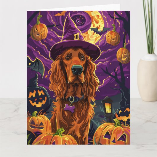 Spooky Ierse Rode Setter Halloween Witch Pumpkin Kaart (Voorkant)