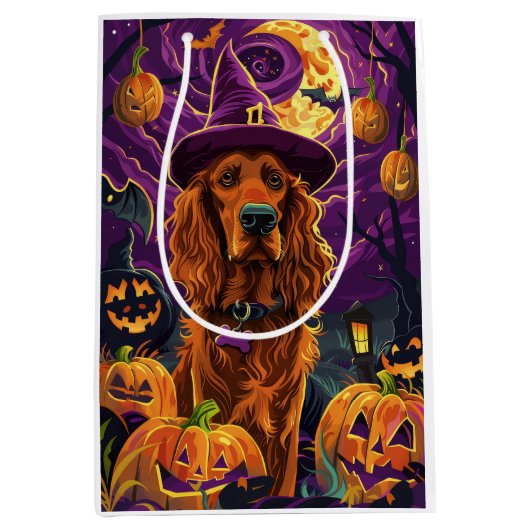 Spooky Ierse Rode Setter Halloween Witch Pumpkin Medium Cadeauzakje (Voorkant)