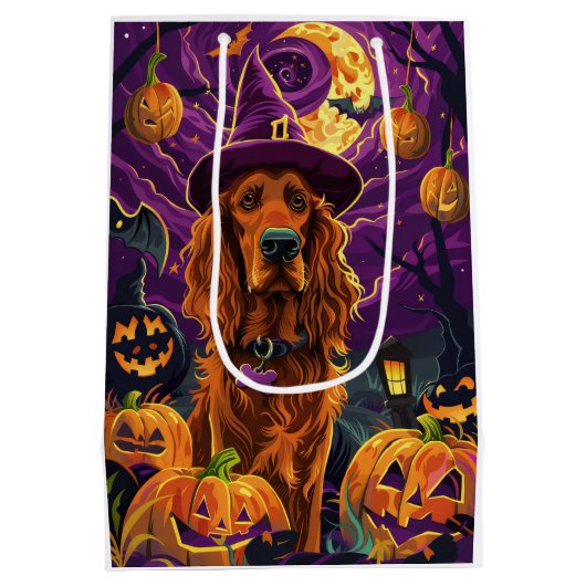 Spooky Ierse Rode Setter Halloween Witch Pumpkin Medium Cadeauzakje (Achterkant)