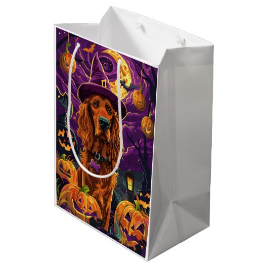 Spooky Ierse Rode Setter Halloween Witch Pumpkin Medium Cadeauzakje (Achterkant Gekanteld)