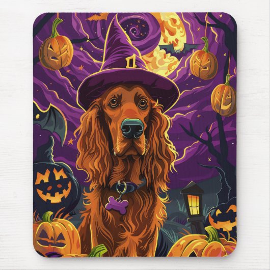 Spooky Ierse Rode Setter Halloween Witch Pumpkin Muismat (Voorkant)