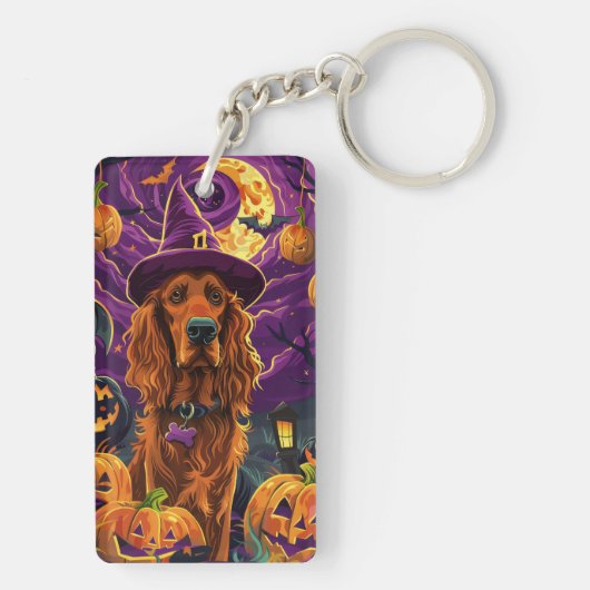 Spooky Ierse Rode Setter Halloween Witch Pumpkin Sleutelhanger (achterkant)