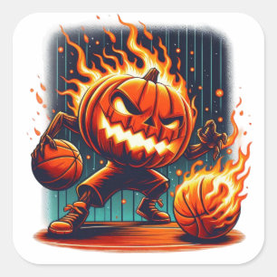 Spooky Jack-o'-Lantern Dunking Halloween Basketbal Vierkante Sticker