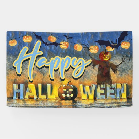 Spooky Jack-o'-lantern Scarecrow Happy Halloween Spandoek (Horizontaal)