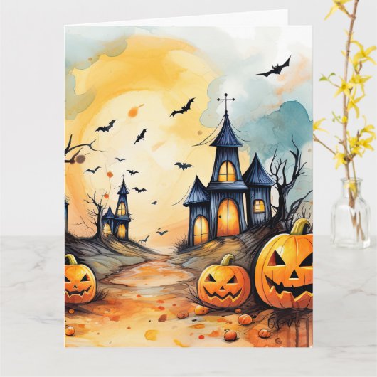 Spooky Jack O’Lanterns Bats Ghost Halloween Kaart (Gele Bloem)