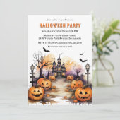 Spooky Jack O’Lanterns Bats Witch Halloween Party Kaart (Staand voorkant)