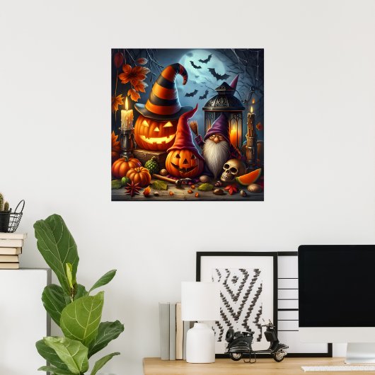 Spooky Jack-O-Lanterns met kabouter, schedel en vl Poster (Thuiskantoor)