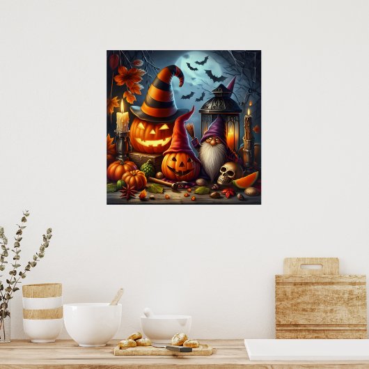 Spooky Jack-O-Lanterns met kabouter, schedel en vl Poster (Keuken)