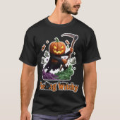 Spooky jackolantern grim reaper with ghosts and ca t-shirt (Voorkant)