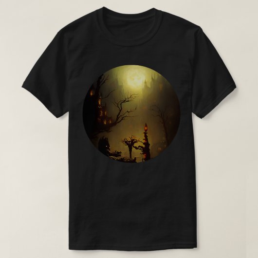 Spooky kasteel in de mist t-shirt (Design voorkant)