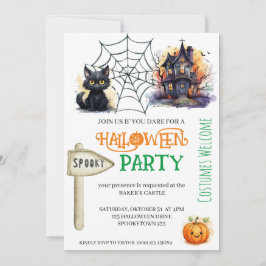 Spooky Kat en Kasteel Halloween Feestuitnodiging Kaart