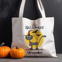 Spooky kat met vleermuizen gepersonaliseerde Hallo Tote Bag