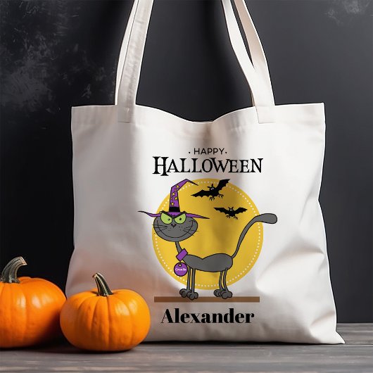 Spooky kat met vleermuizen gepersonaliseerde Hallo Tote Bag