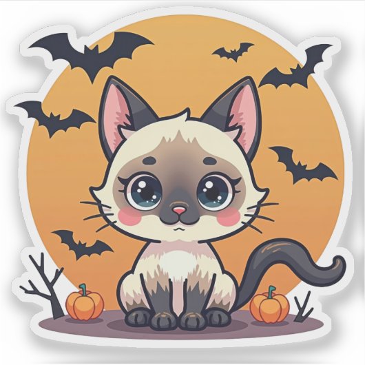 Spooky Kawaii Siamese Kitten – Chibi Style Sticker (Voorkant)
