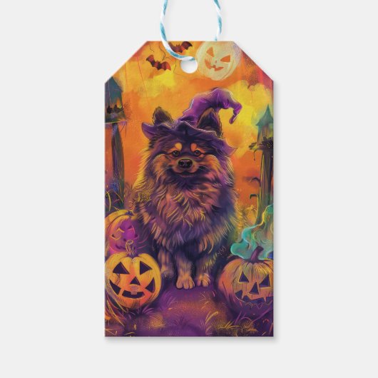Spooky Keeshond Hond Halloween Heks en Pompoen Cadeaulabel (Voorkant)