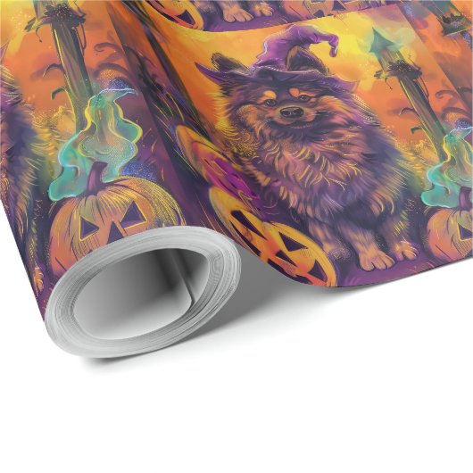 Spooky Keeshond Hond Halloween Heks en Pompoen Cadeaupapier (Rol Hoek)