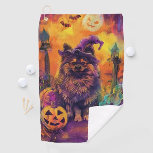 Spooky Keeshond Hond Halloween Heks en Pompoen Golfhanddoek (Insitu)
