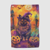 Spooky Keeshond Hond Halloween Heks en Pompoen Golfhanddoek (Voorkant)