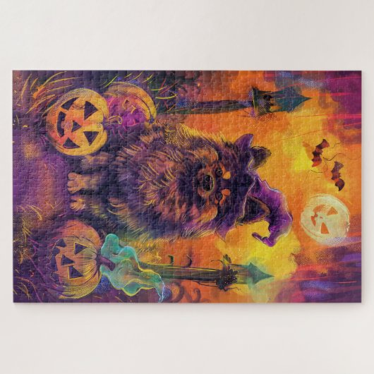 Spooky Keeshond Hond Halloween Heks en Pompoen Legpuzzel (Horizontaal)