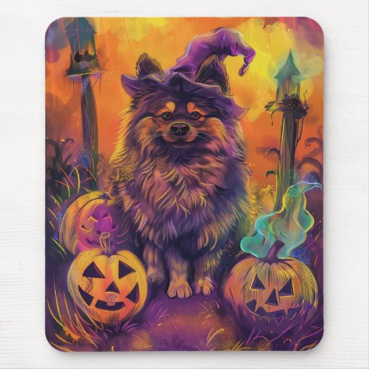 Spooky Keeshond Hond Halloween Heks en Pompoen Muismat (Voorkant)