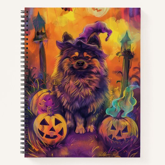 Spooky Keeshond Hond Halloween Heks en Pompoen Notitieboek (Voorkant)
