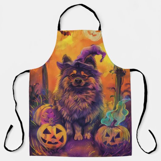 Spooky Keeshond Hond Halloween Heks en Pompoen Schort (Voorkant)
