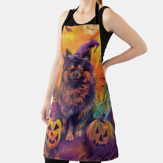 Spooky Keeshond Hond Halloween Heks en Pompoen Schort (Insitu)