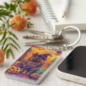 Spooky Keeshond Hond Halloween Heks en Pompoen Sleutelhanger (Voorkant Rechts)