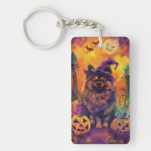 Spooky Keeshond Hond Halloween Heks en Pompoen Sleutelhanger