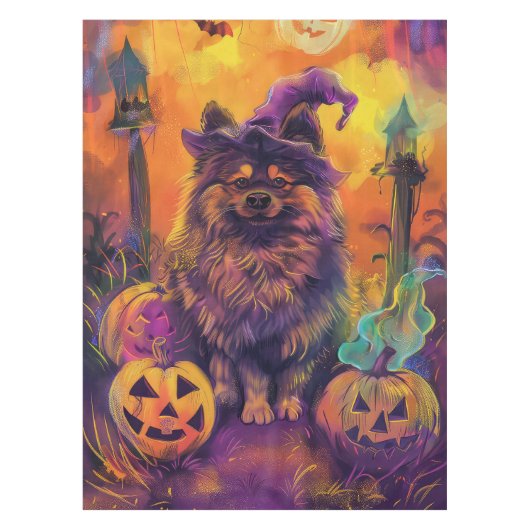 Spooky Keeshond Hond Halloween Heks en Pompoen Tafelkleed (Voorkant)
