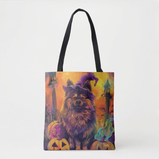 Spooky Keeshond Hond Halloween Heks en Pompoen Tote Bag (Voorkant)