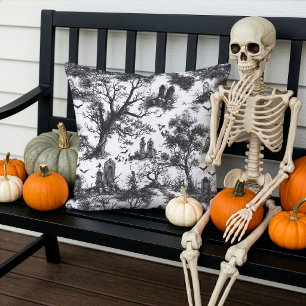 Spooky Kerkhof Toile de Jouy Patroon Grijs Wit Buitenkussen