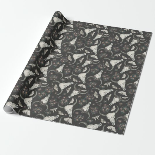 Spooky Koe Skull & Night Blooming Floral Cadeaupapier (Uitgerold)