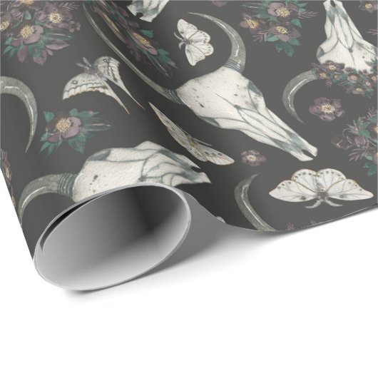 Spooky Koe Skull & Night Blooming Floral Cadeaupapier (Rol Hoek)