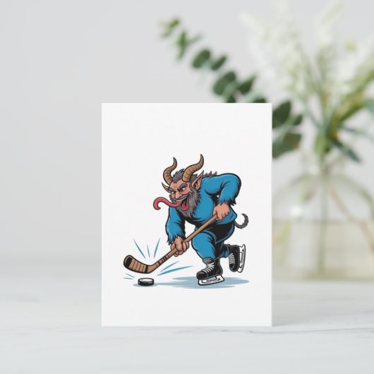 Spooky Krampus spelen ijshockey Kerstmis Aankondigingskaart (Staand voorkant)