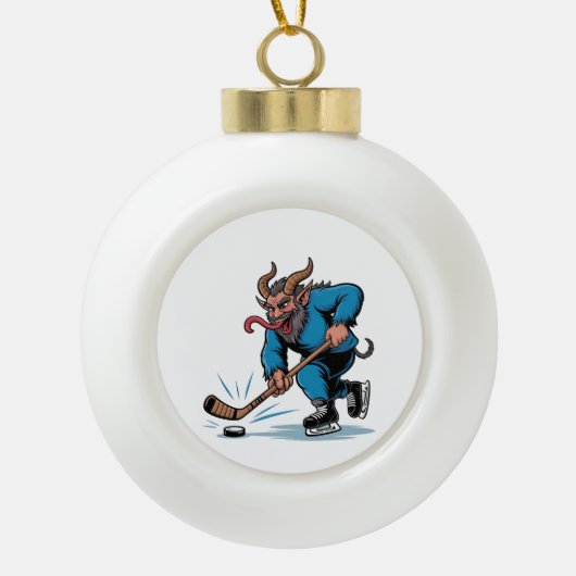 Spooky Krampus spelen ijshockey Kerstmis Keramische Bal Ornament (Voorkant)