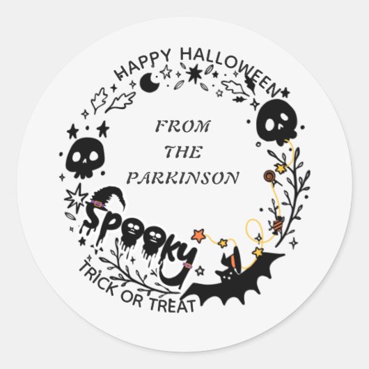 Spooky Krans Ronde Sticker – Happy Halloween Desi (Voorkant)