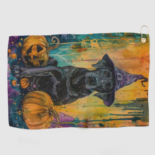 Spooky labrador hond Halloween heks en pompoen Golfhanddoek (Horizontaal)