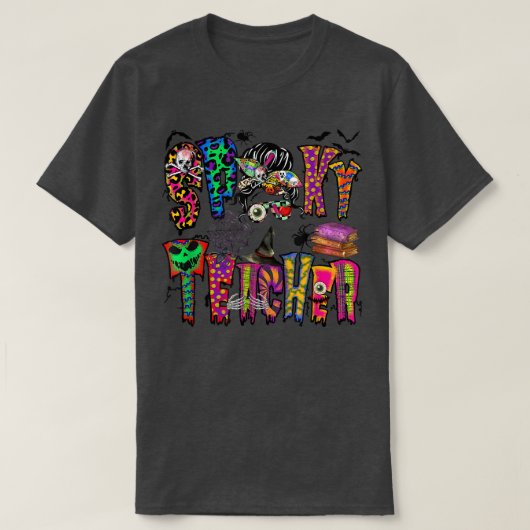 Spooky lerares messy bun Halloween T-shirt (Design voorkant)