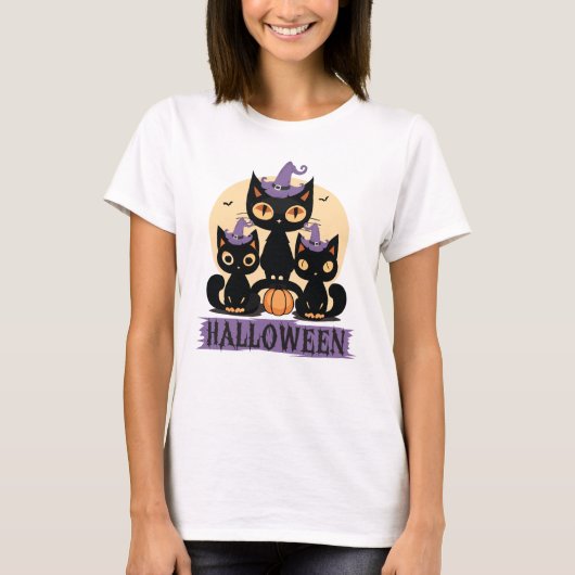 Spooky Leuke Zwarte Kat Halloween Herfst Pompoen T-shirt (Voorkant)