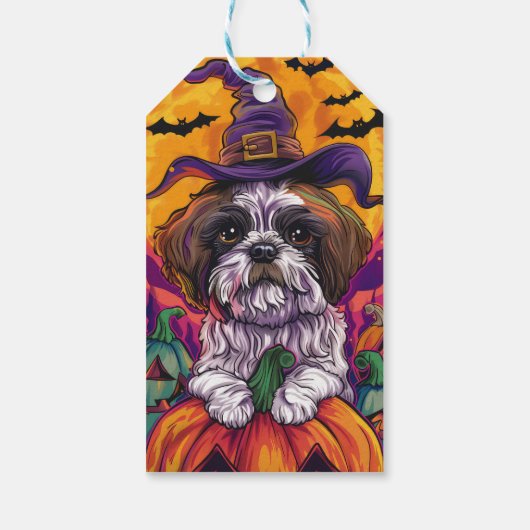 Spooky Malti Tzu Hond Halloween Heks en Pompoen Cadeaulabel (Achterkant)