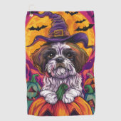 Spooky Malti Tzu Hond Halloween Heks en Pompoen Golfhanddoek (Voorkant)
