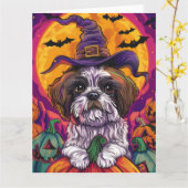 Spooky Malti Tzu Hond Halloween Heks en Pompoen Kaart (Gele Bloem)