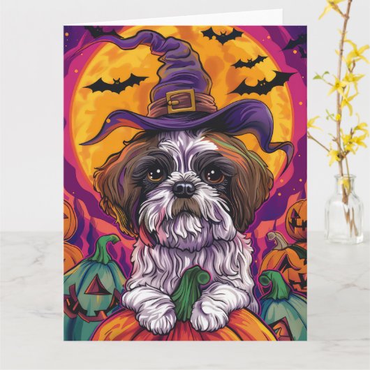 Spooky Malti Tzu Hond Halloween Heks en Pompoen Kaart (Gele Bloem)