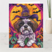 Spooky Malti Tzu Hond Halloween Heks en Pompoen Kaart (Voorkant)