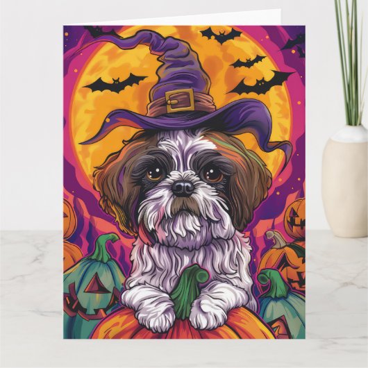 Spooky Malti Tzu Hond Halloween Heks en Pompoen Kaart (Voorkant)