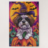 Spooky Malti Tzu Hond Halloween Heks en Pompoen Legpuzzel (Verticaal)