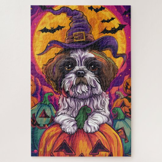 Spooky Malti Tzu Hond Halloween Heks en Pompoen Legpuzzel (Verticaal)