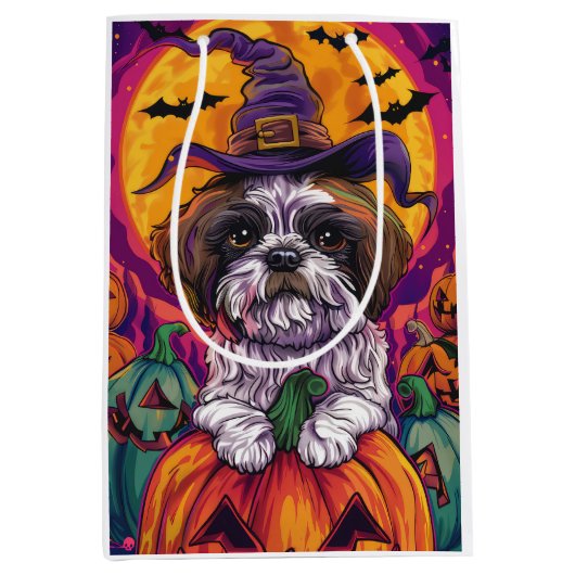 Spooky Malti Tzu Hond Halloween Heks en Pompoen Medium Cadeauzakje (Voorkant)